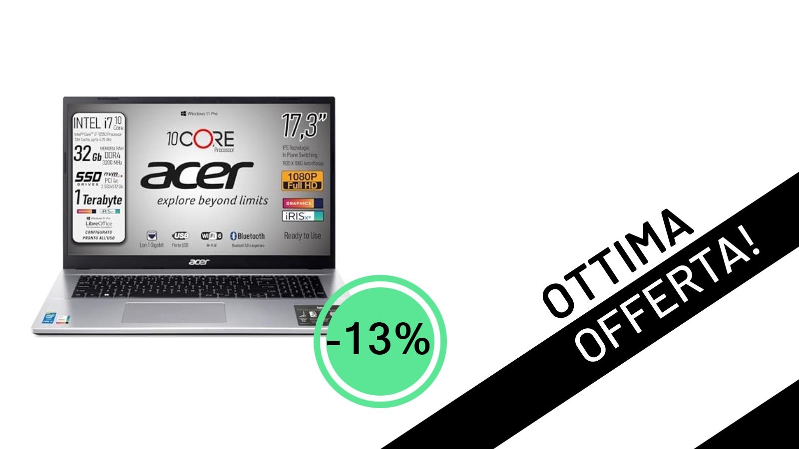 Offerta Imperdibile: Acer Aspire 17.3" FullHD IPS con Intel Core i7, 32GB RAM e 1TB SSD a soli 865,49€!