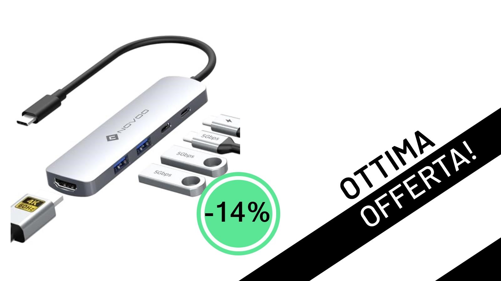 Hub USB-C NOVOO 5-in-1: Trasforma la tua produttività a soli 19,99€!