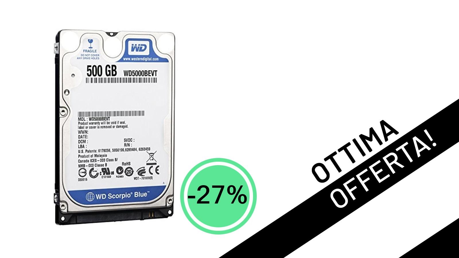 Offerta Lampo: HDD Western Digital Scorpio Blue 500GB con uno Sconto del 27% a soli 43,00€!
