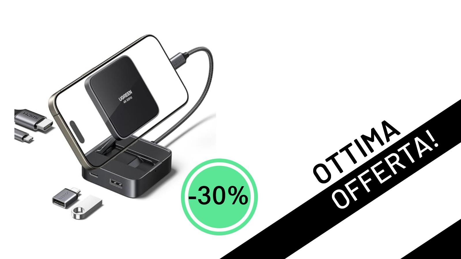 Non perdere l'Hub UGREEN USB C 4K@60Hz con supporto magnetico: ora al -30% a soli 20,99€!