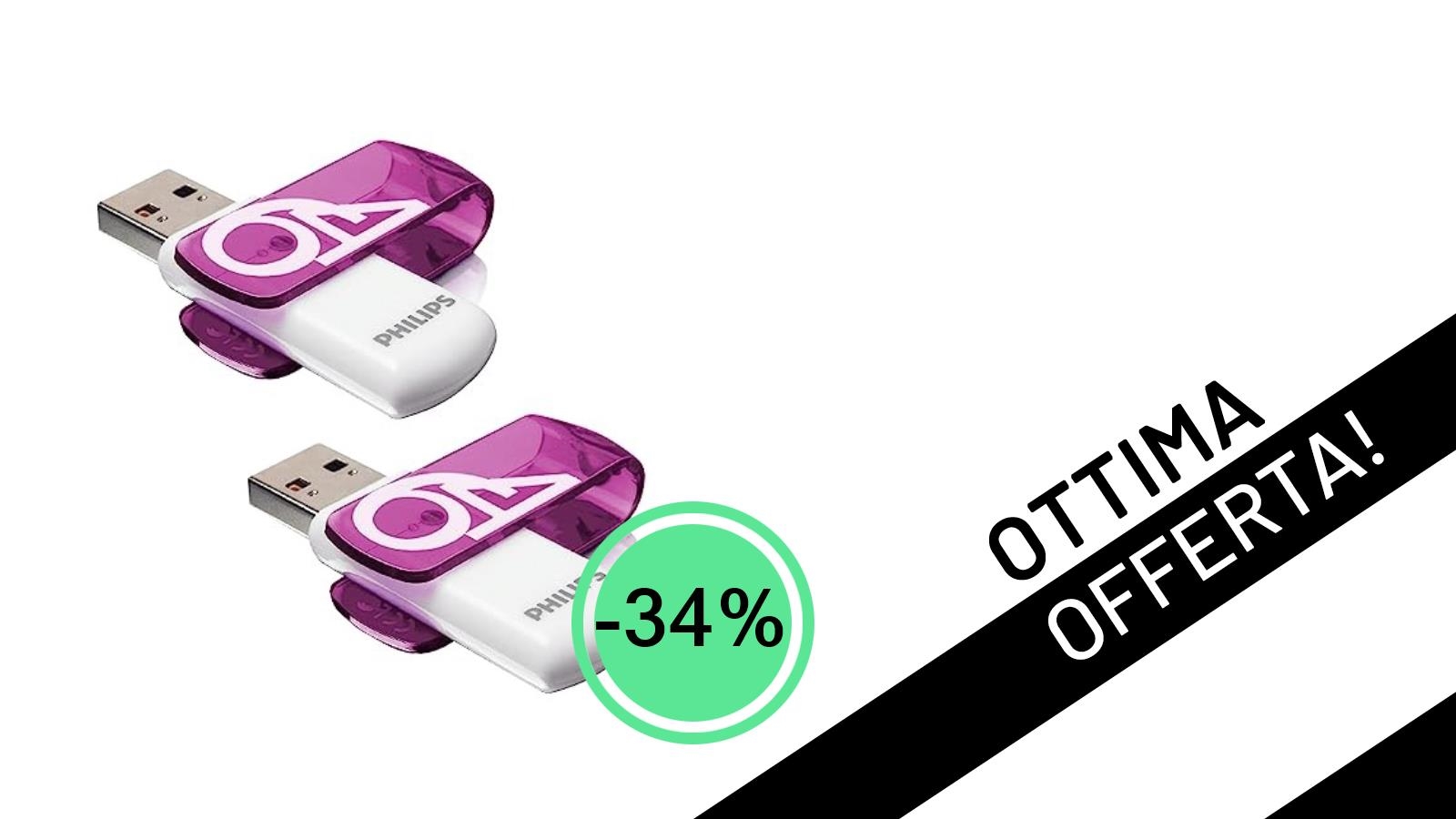 Offerta Lampo: Philips Vivid Edition USB 2.0 da 64 GB (2-pack) a soli 10,99€!