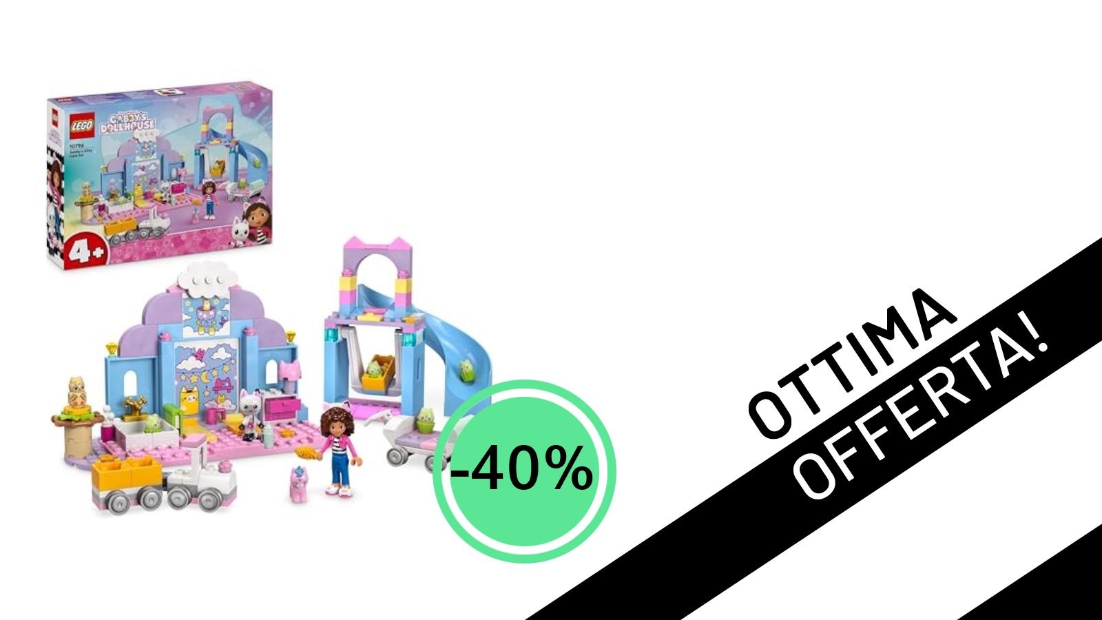 Il set LEGO Gabby's Dollhouse Asilo Gatto-Orecchio di Gabby è in super offerta con il -40%!