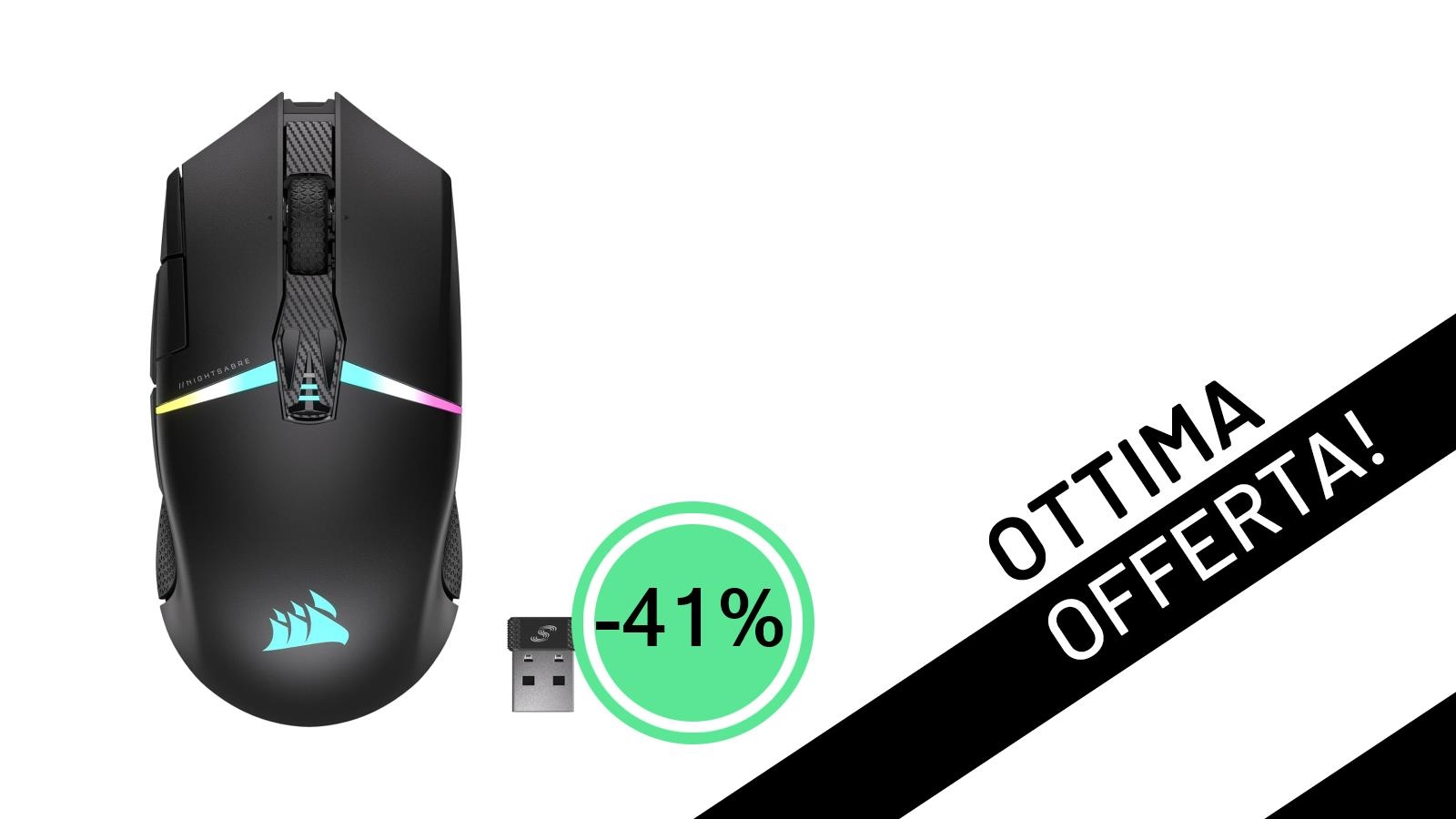 Offerta Lampo: il mouse Corsair NIGHTSABRE RGB WIRELESS per FPS/MOBA con uno sconto del -41%!