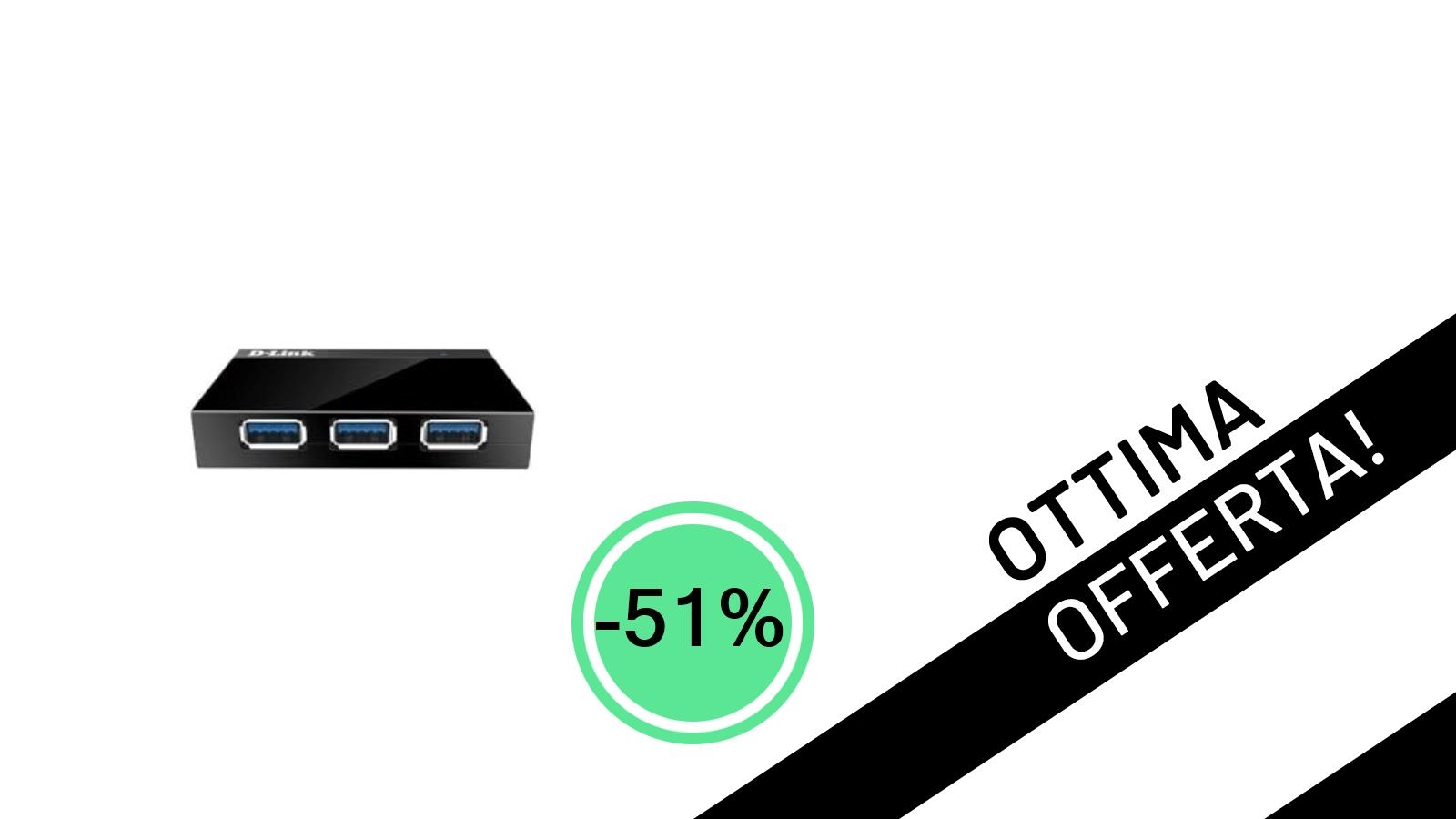 L'Hub USB 3.0 D-Link DUB-1340 è tuo con uno sconto incredibile del -51%: solo 21,49€!